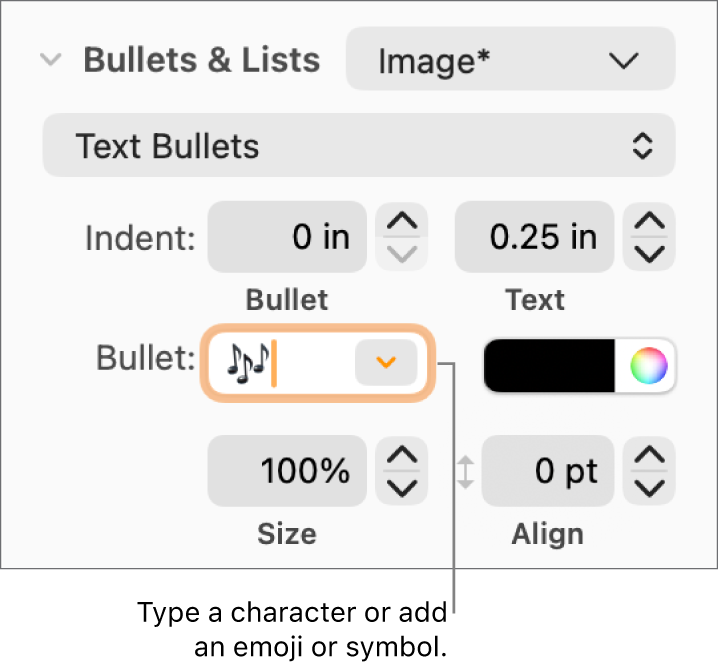 The Bullets & Lists section of the Format sidebar. The Bullet field shows a flower emoji.