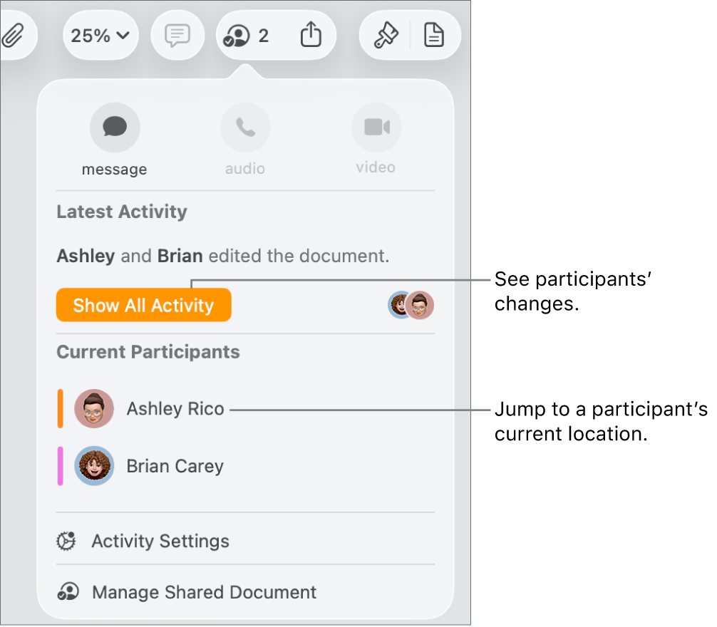The collaboration menu with two current participants listed.