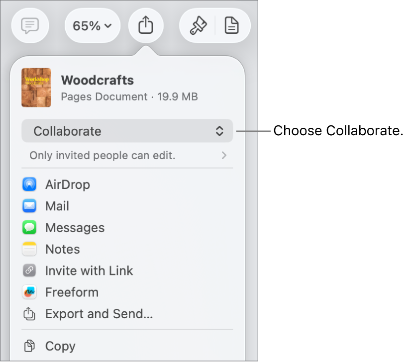 The Share menu with Collaborate selected at the top, and access and permission settings underneath.
