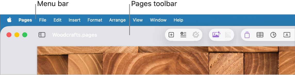 The menu bar at the top of the screen with Apple, Pages, File, Edit, Insert, Format, Arrange, View, Share, Window, and Help menus. Below the menu bar is an open Pages document with toolbar buttons across the top for View, Zoom, Add Page, Insert, Table, Chart, Text, Shape, Media, and Comment.