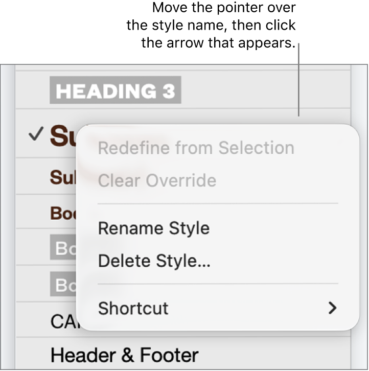 The Paragraph Styles menu with the shortcut menu open.
