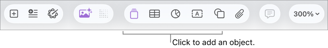 The toolbar with buttons for adding tables, charts, text, shapes, and media.