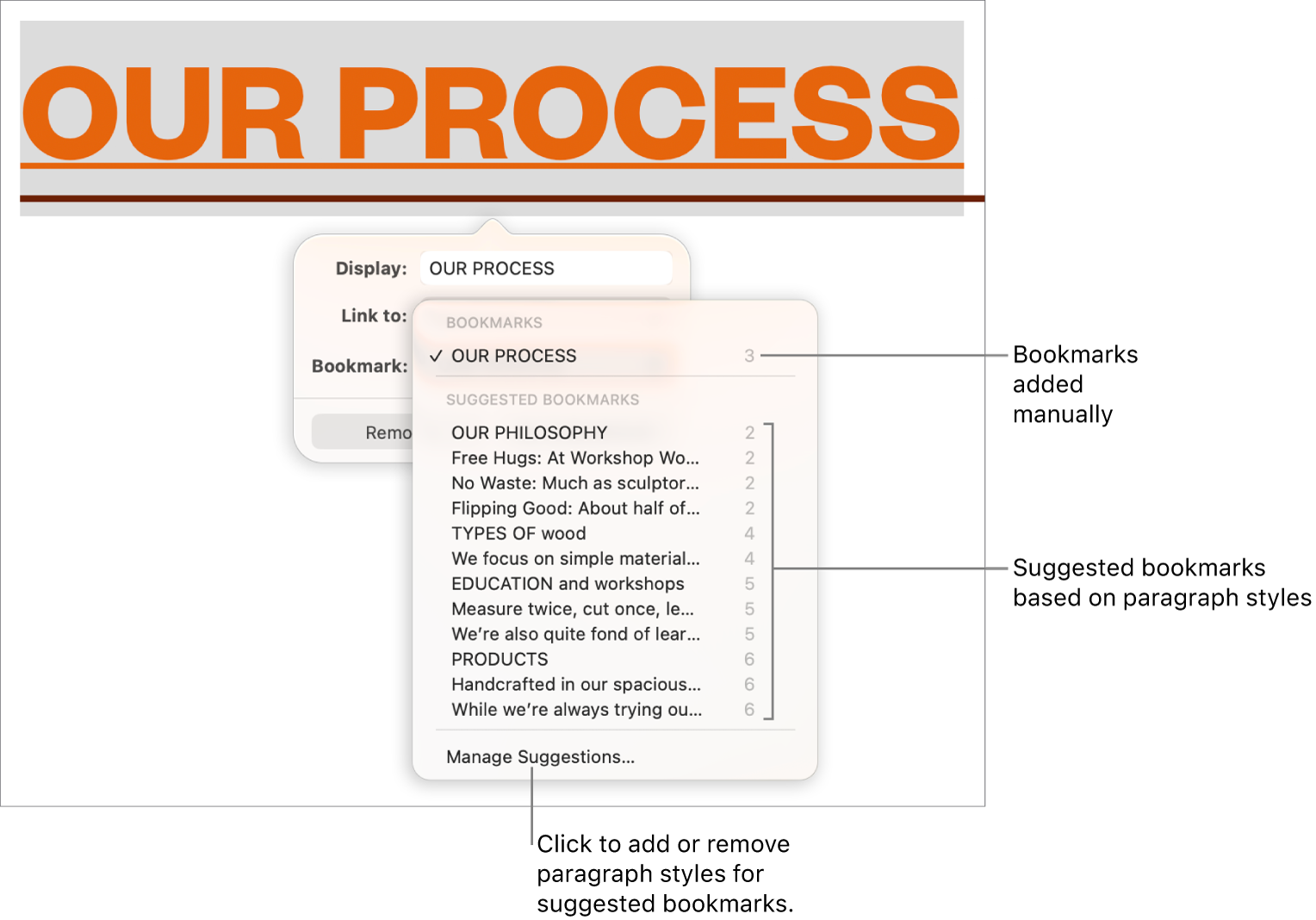 The bookmark list with manually added bookmarks at the top and suggested bookmarks below. The Manage Suggestions option is at the bottom.