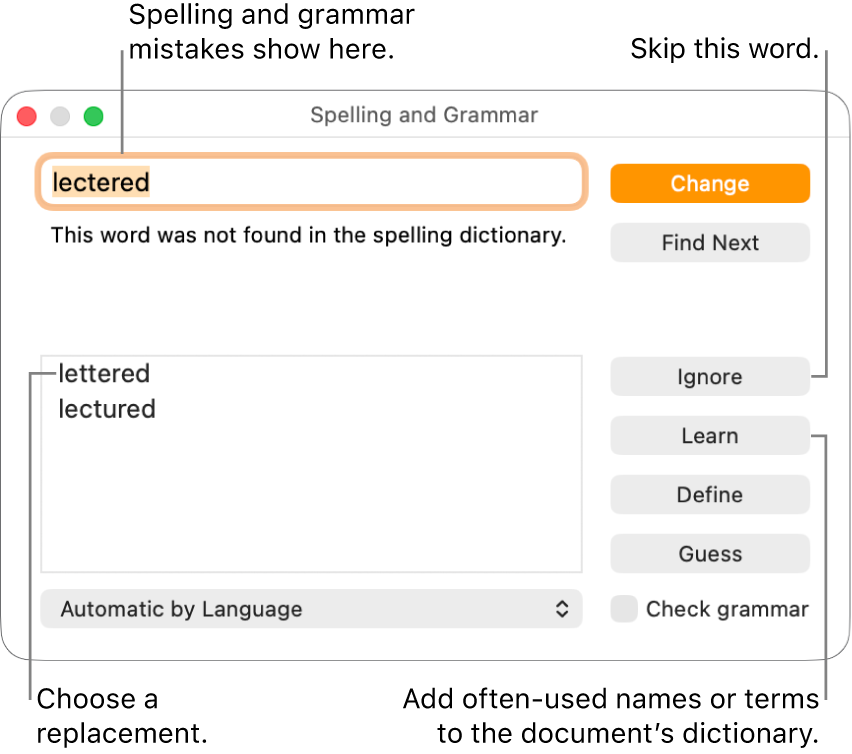 The Spelling and Grammar window.