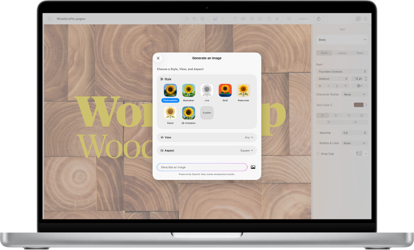 The Generate an Image dialog showing options for generating an image from a text description.
