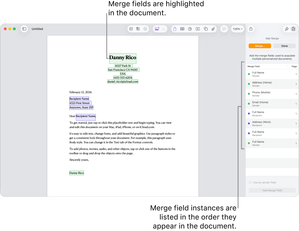 Pages document with recipient and sender merge fields, and the merge field instances list visible in the Document sidebar.