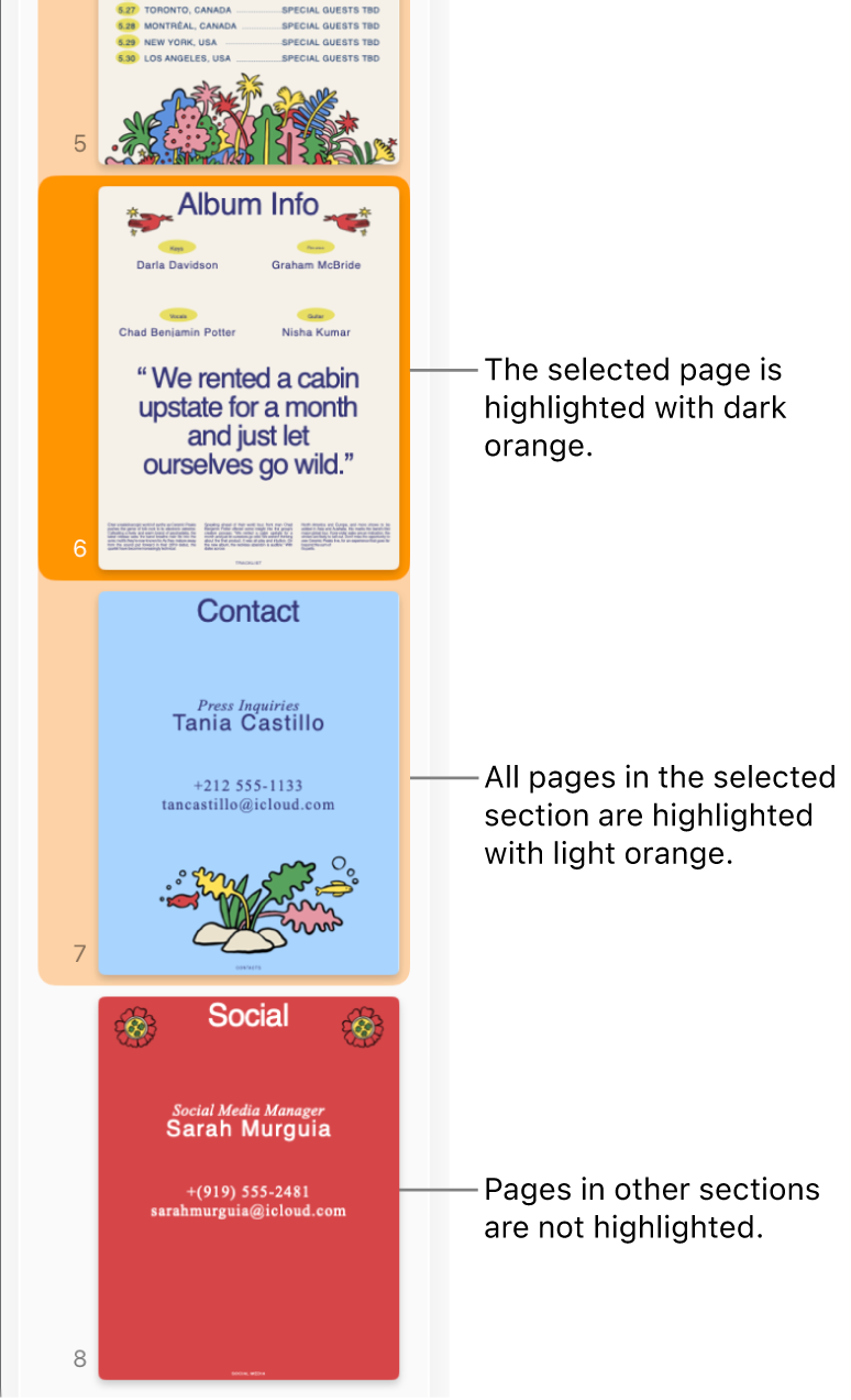 The Thumbnail View sidebar with the selected page highlighted in dark orange and all pages in the selected section highlighted in light orange.