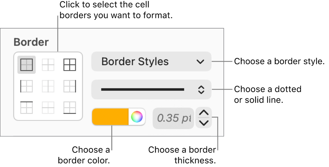 Controls for styling cell borders.