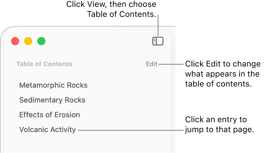 The table of contents on the left side of the Pages window with an Edit button at the top-right corner of the sidebar and table of contents entries in a list. The View button is in the top-left corner of the Pages toolbar, above the sidebar.