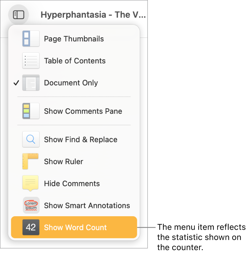 The View menu open with Show Character Count near the bottom.