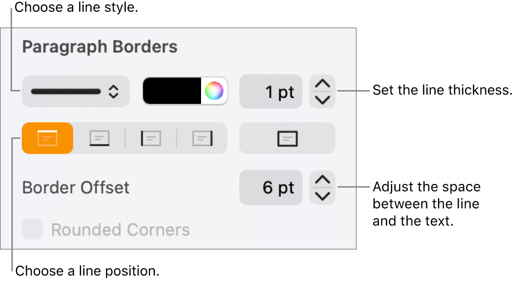 Controls to change the line style, thickness, position, and color.