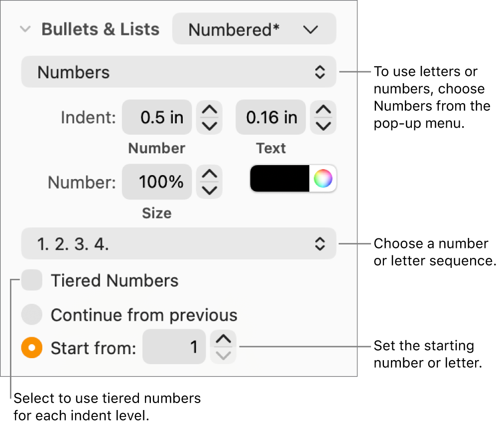 Controls for changing the number style and spacing of a list.