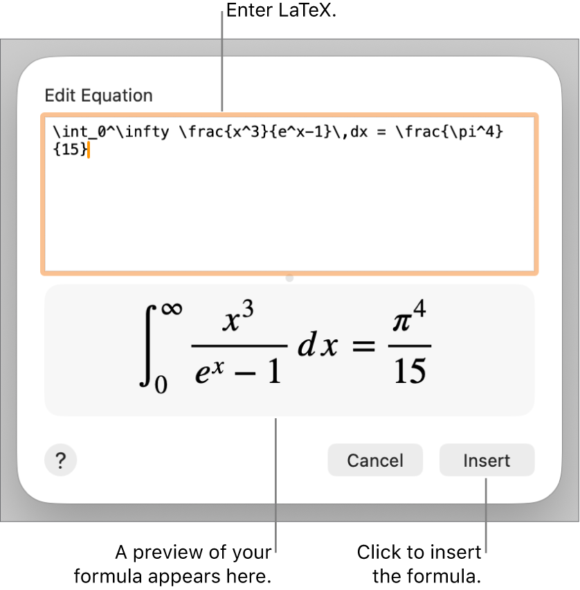The quadratic formula written using LaTeX in the Equation field, and a preview of the formula below.