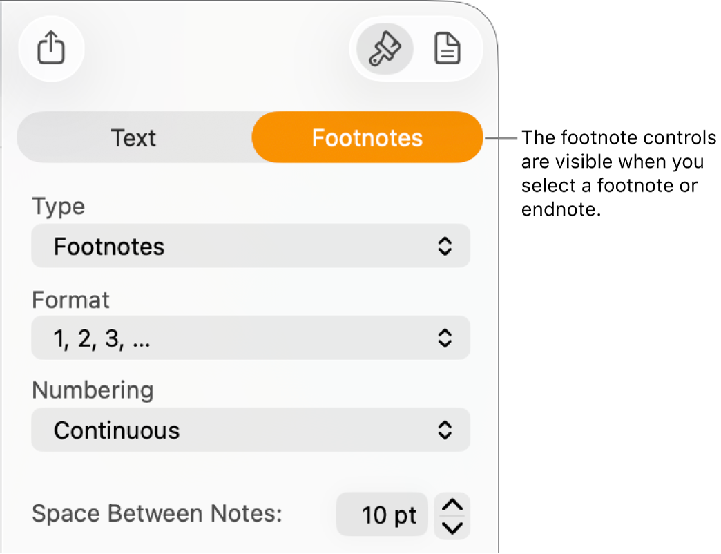The Footnotes pane showing pop-up menus for Type, Format, Numbering, and space between notes.