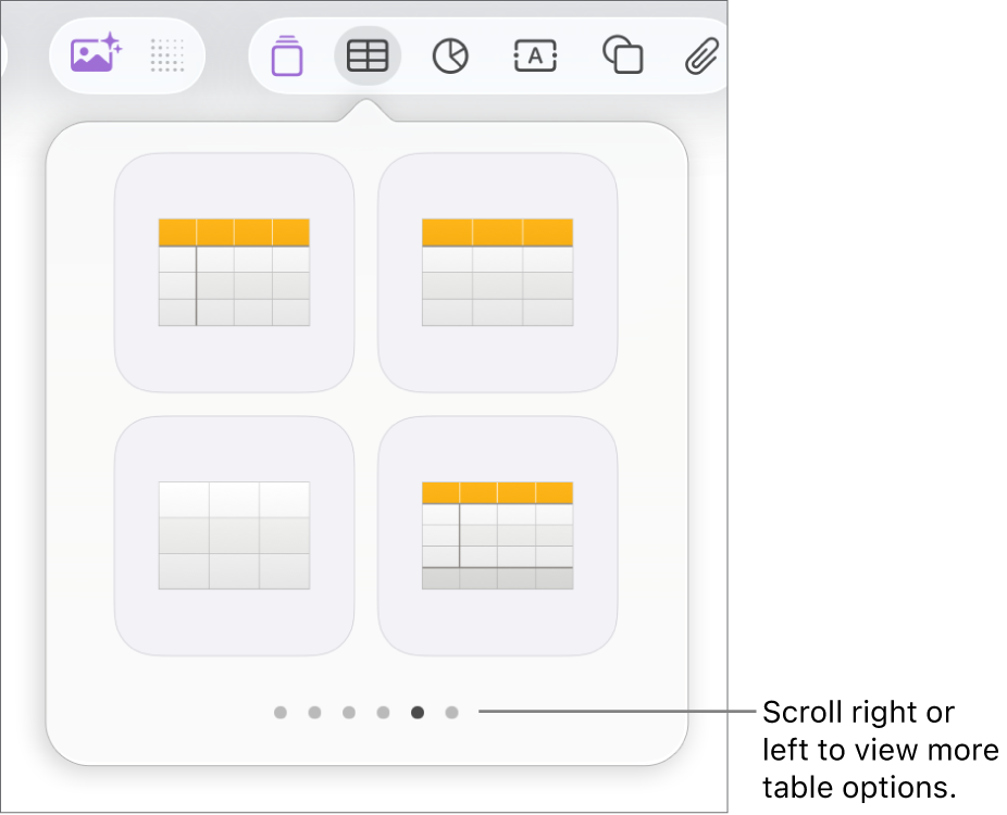 The Add Table menu with navigation arrows.