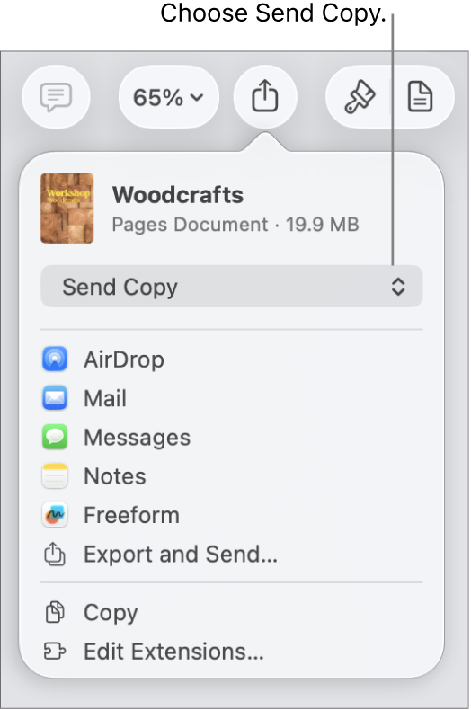 The Share menu with Send Copy selected at the top.