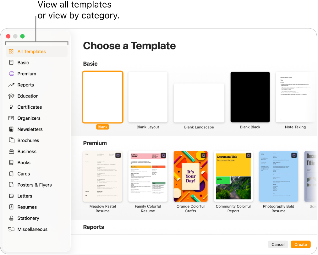 The template chooser. A sidebar on the left lists template categories you can click to filter options. On the right are thumbnails of predesigned templates arranged in rows by category, starting with Basic at the top and followed by Reports and Books—Portrait. The Language and Region pop-up menu is in the bottom-left corner, and Cancel and Create buttons are in the bottom-right corner.