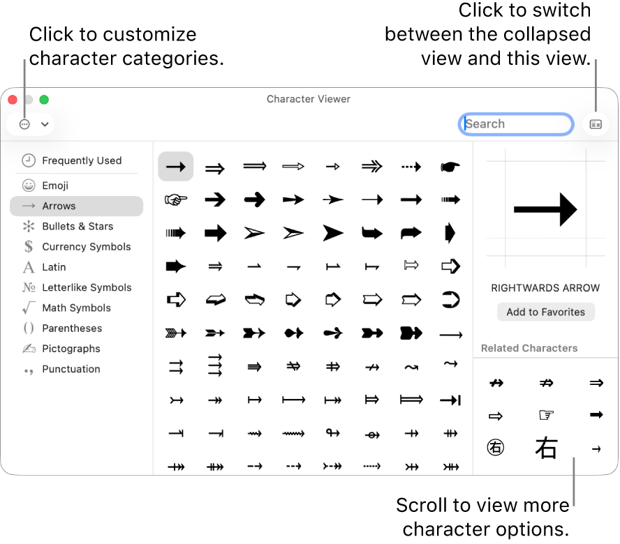 The expanded Character Viewer showing special characters and symbols, a menu for different categories of symbols on the left, and a button in the top-right corner that allows you to return to the collapsed view.