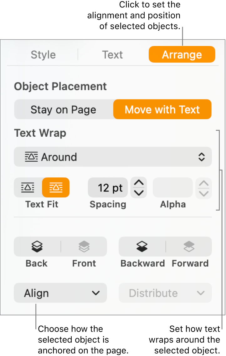 The Format menu with the Arrange sidebar displayed. The Object Placement settings are at the top of the Arrange sidebar, with the Text Wrap settings below.