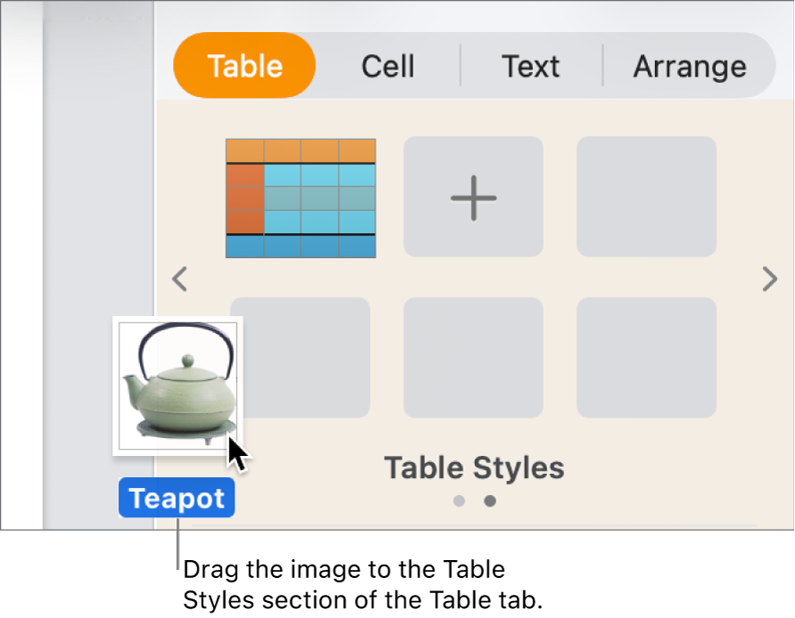 Dragging an image into the table styles pane to create a new style.