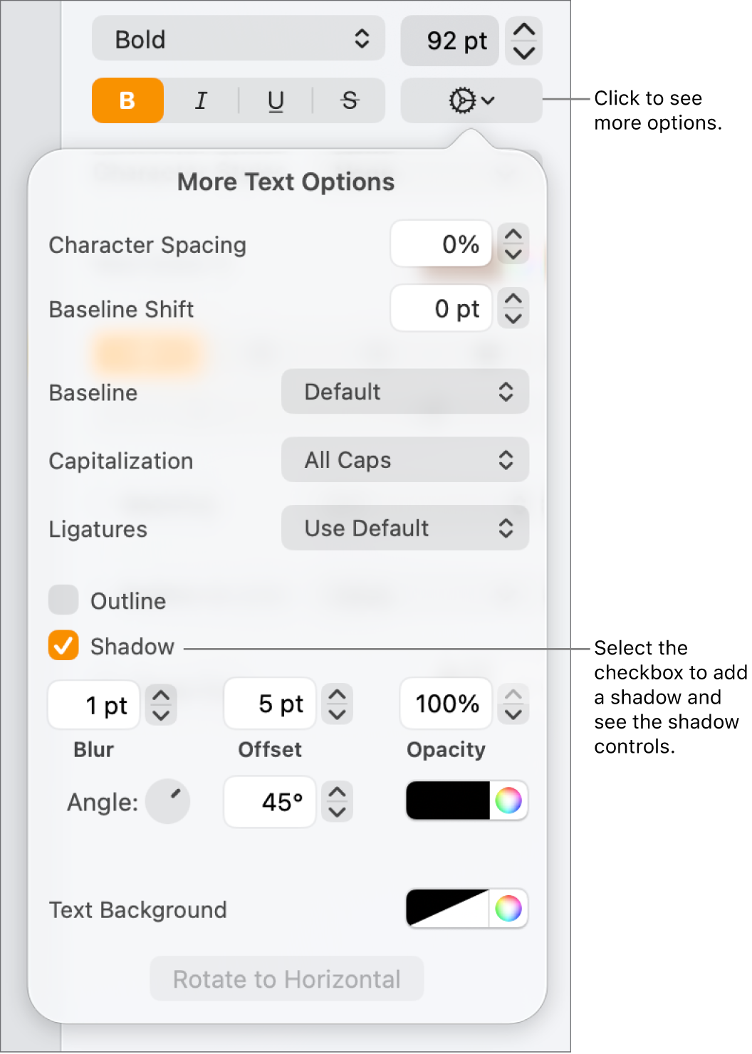 The Advanced Options menu open with the Shadows checkbox selected and controls for setting blur, offset, opacity, angle, and color.