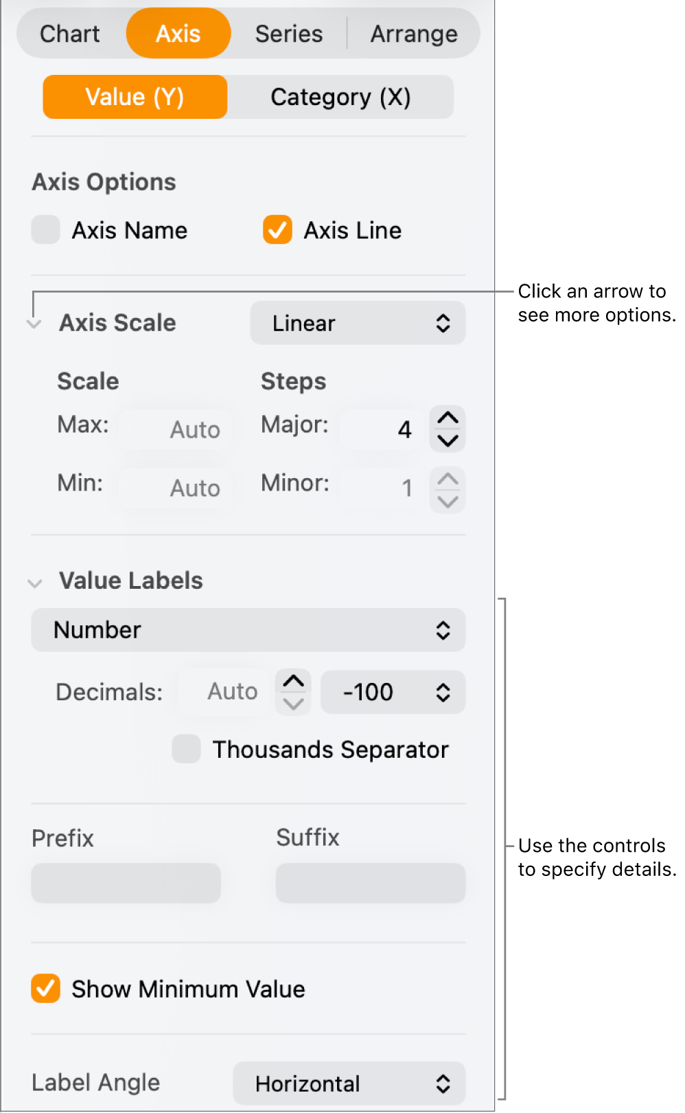 Controls for formatting chart axis markings.