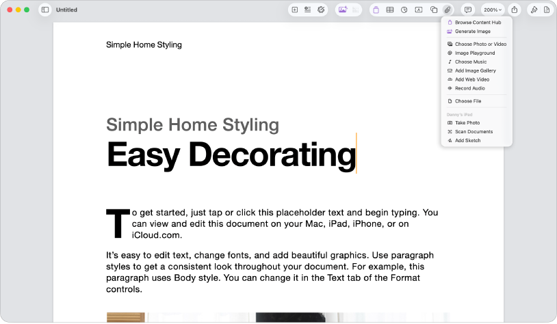 Open document with the Add Media menu open.