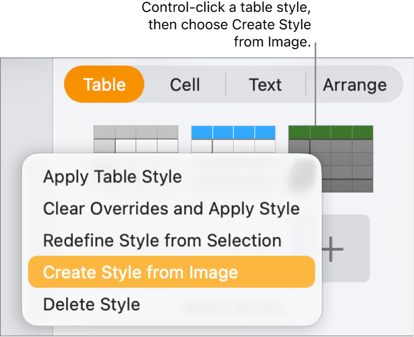 The table style shortcut menu.