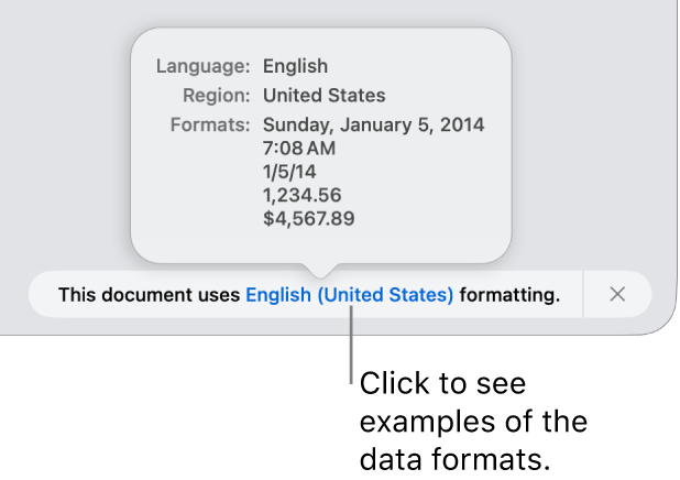 The notification of the different language and region setting, showing examples of the formatting in that language and region.