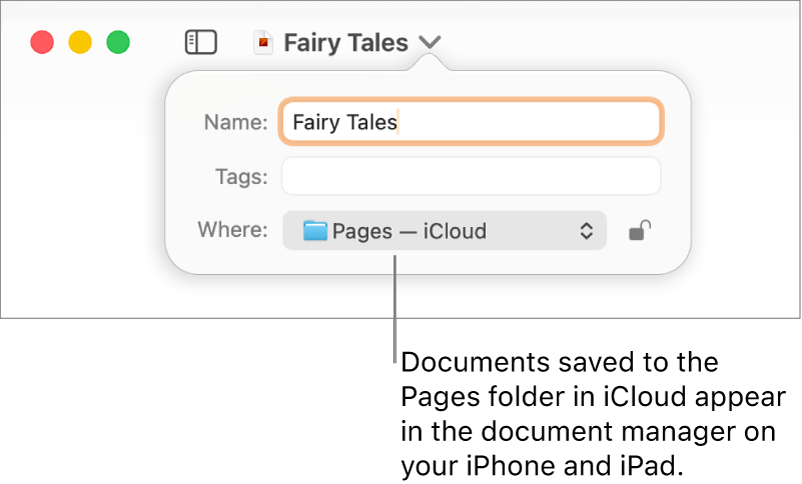 The Save dialog for a document with Pages—iCloud in the Where pop-up menu.