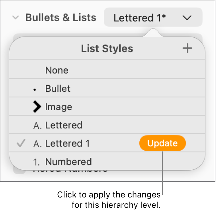 The List Styles pop-up menu with an Update button next to the name of the new style.