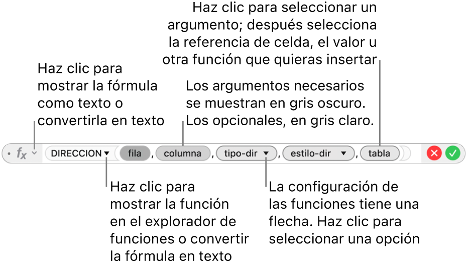 El editor de fórmulas con la función DIRECCIÓN y sus identificadores de argumentos.