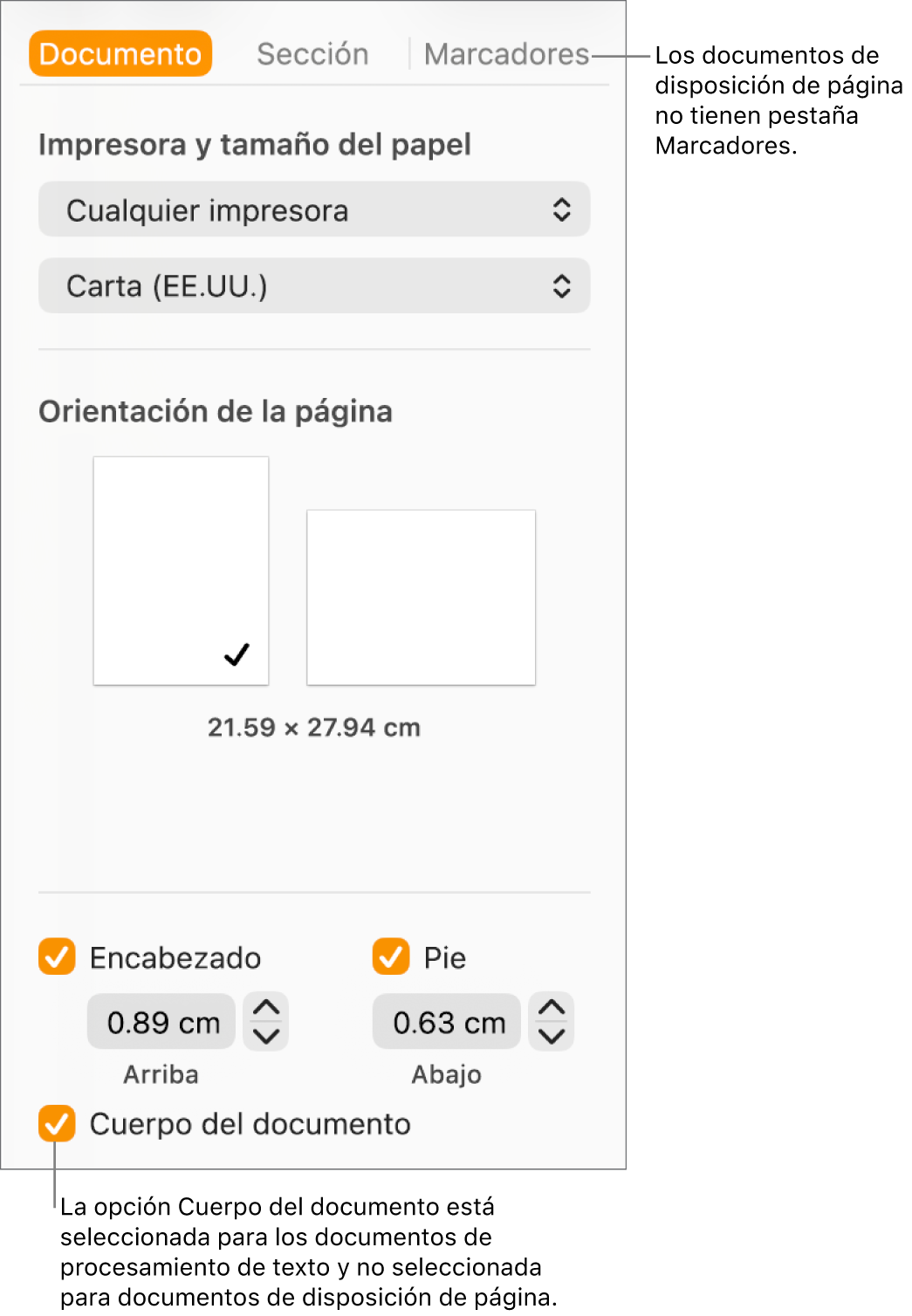 La barra lateral Formato con las pestañas Documento, Sección y Marcadores en la parte superior. La pestaña de Documento se seleccionó y un mensaje en la pestaña de Marcadores indica que los documentos de disposición de página no tienen una pestaña de Marcadores. Está seleccionada la casilla del Cuerpo del documento, lo que también indica que el documento es de procesamiento de texto.