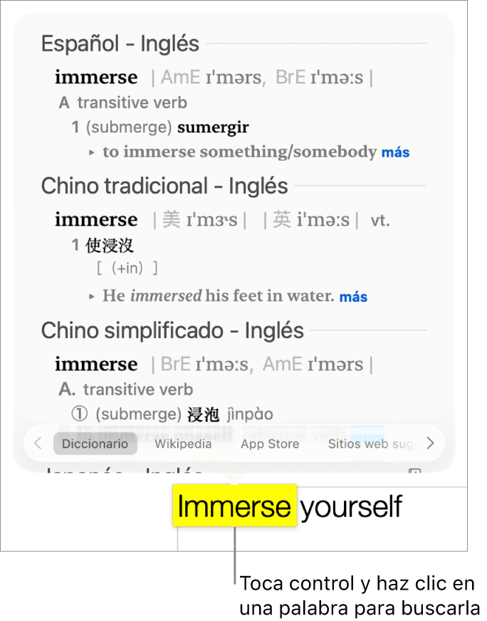 Un párrafo con una palabra resaltada y una ventana que muestra su definición y una entrada de diccionario de sinónimos. Los botones en la parte inferior de la pantalla proporcionan enlaces al diccionario, Wikipedia y sitios web sugeridos por Siri.