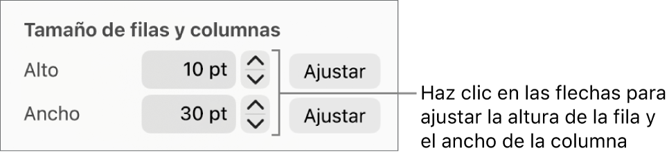 Los controles para ajustar un tamaño de fila o columna preciso.
