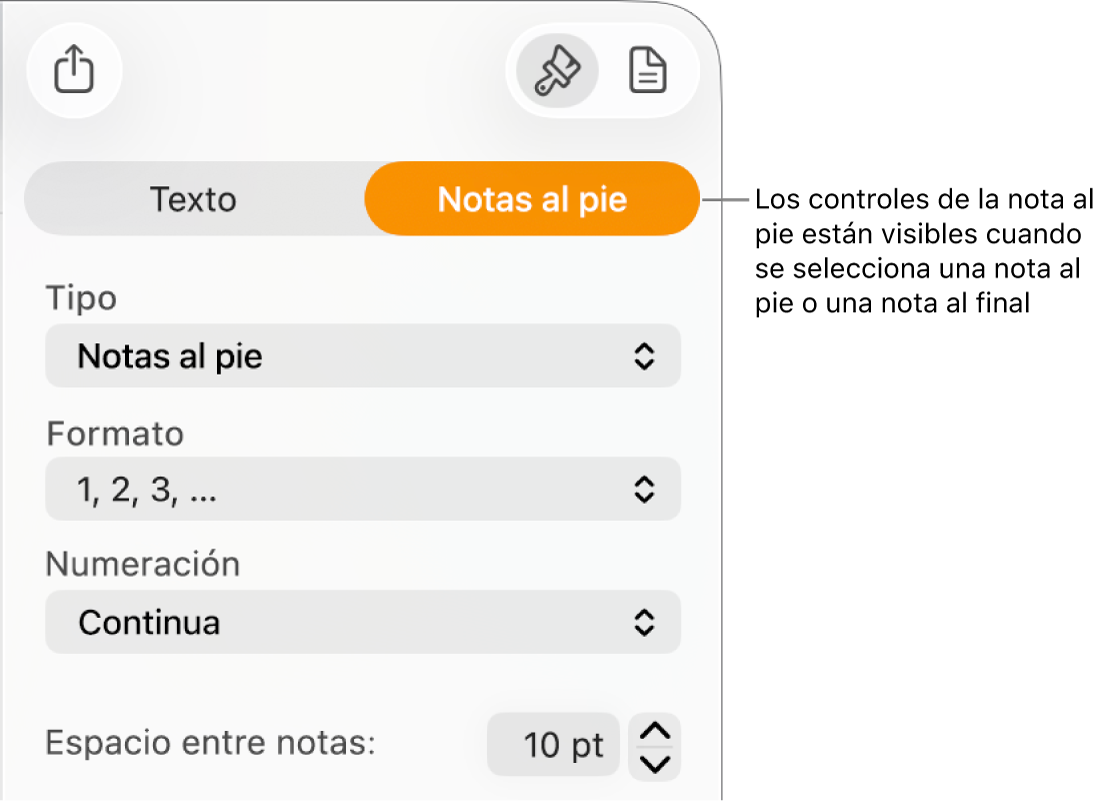 El panel Notas al pie con menús desplegables para Tipo, Formato, Numeración y espacio entre notas.