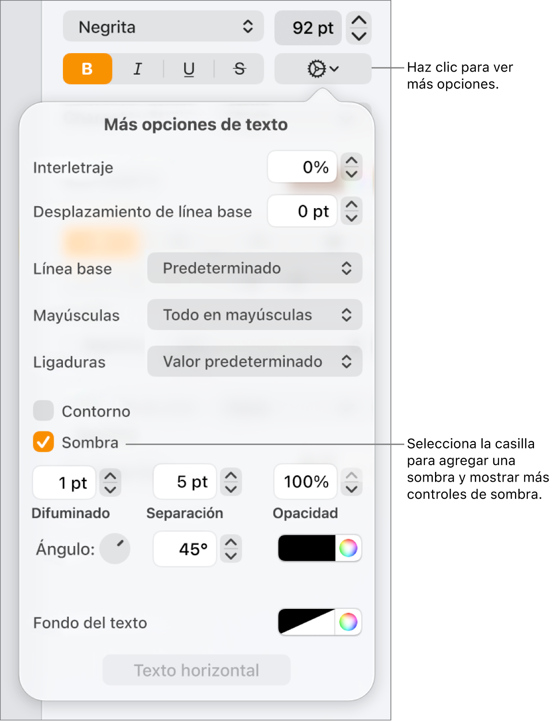 El menú Opciones avanzadas abierto con la casilla Sombras seleccionada y los controles para configurar el desenfoque, la desviación, la opacidad, el ángulo y el color.