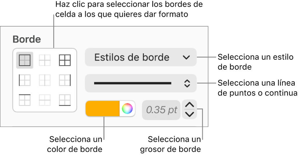 Controles para aplicar un estilo a los bordes de celda.
