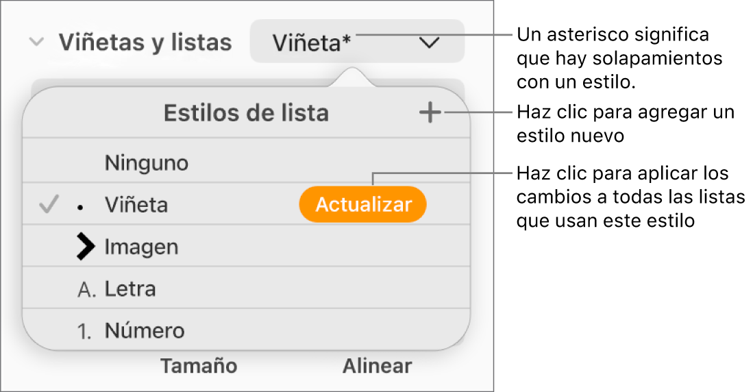 Menú desplegable Estilos de lista con un asterisco que indica una invalidación y globos al botón Nuevo estilo, así como un submenú de opciones para administrar estilos.