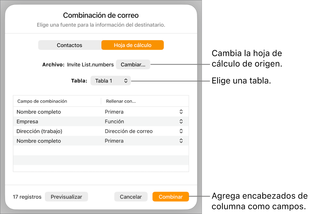 Panel Previsualizar campos de combinación abierto, con opciones para cambiar el archivo o tabla de origen, previsualizar los nombres de campos de combinación, o agregar los encabezados de las columnas como campos.