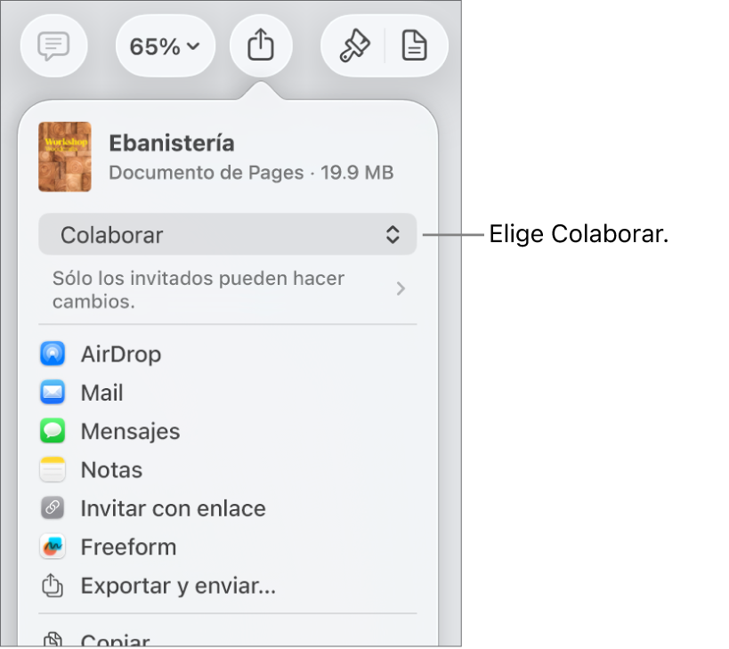 El menú Compartir con la opción Colaborar seleccionada en la parte superior, y la configuración de acceso y permisos debajo.