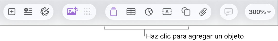 La barra de herramientas con botones para agregar tablas, gráficas, texto, figuras y contenidos.