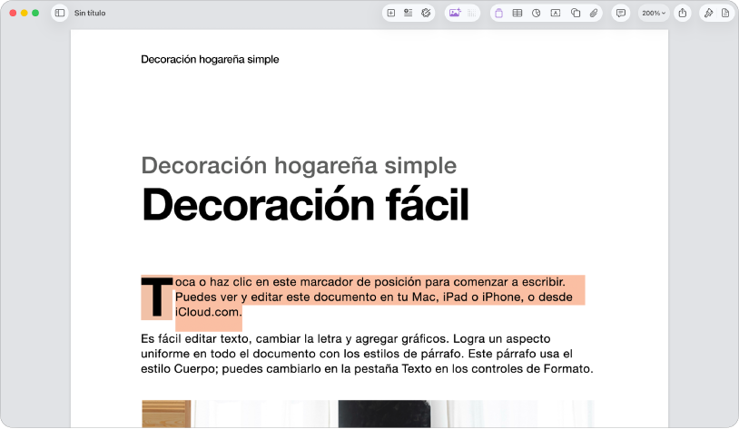 En un documento abierto con texto de marcador de posición seleccionado.