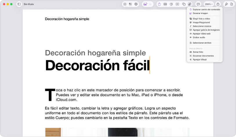 Abre el documento con el menú Agregar contenido abierto.