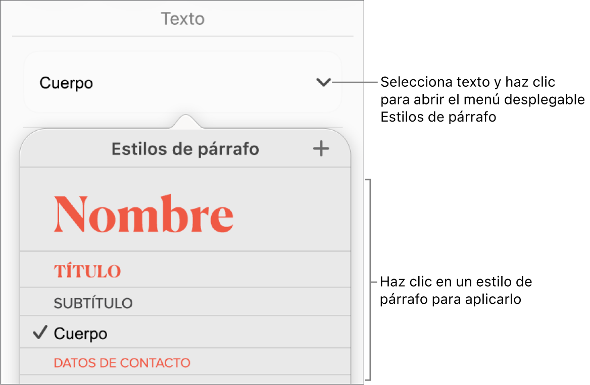 El menú Estilos de párrafo.