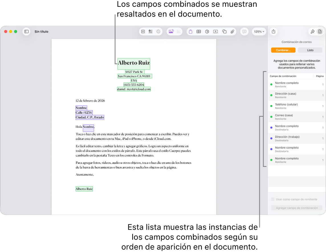 Documento de Pages con campos de combinación del remitente y del destinatario, y la lista de casos de campos de combinación visible en la barra lateral del documento.