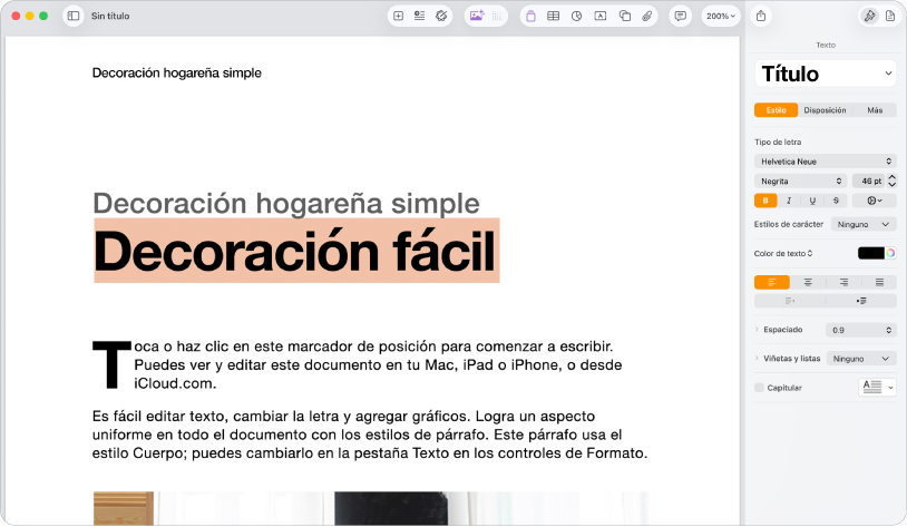 Un documento abierto con la barra lateral de formato abierta y la pestaña de texto seleccionada.