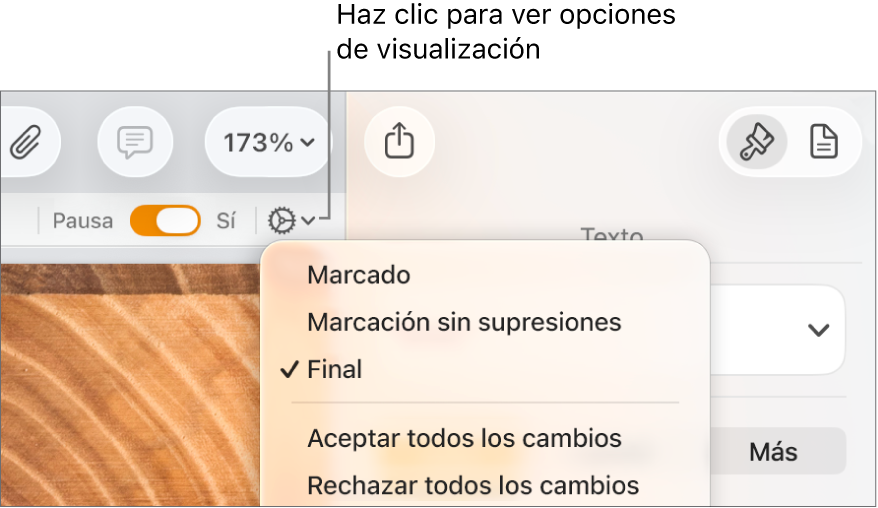 El menú de opciones de revisión con Marcación, Marcación sin supresiones, y Final.