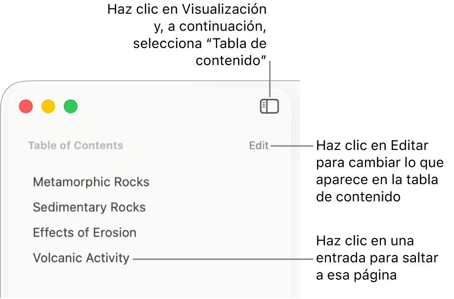 La tabla de contenido situada en el lado izquierdo de la ventana de Pages con un botón Editar en la esquina superior derecha de la barra lateral y entradas de la tabla de contenido en una lista.
