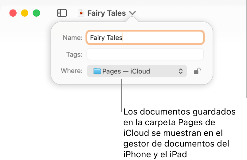 El cuadro de diálogo Guardar de un documento abierto con “Pages — iCloud” se encuentra en el menú desplegable Dónde.